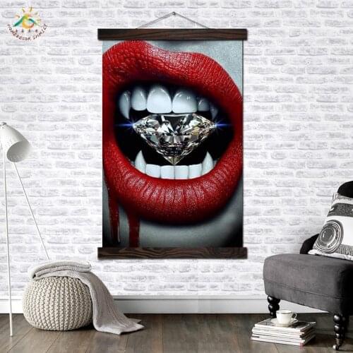 Red Lip with crystal Vintage Posters and Prints Scroll Painting Canvas Wall Art Pictures Farme Painting Home Decoration