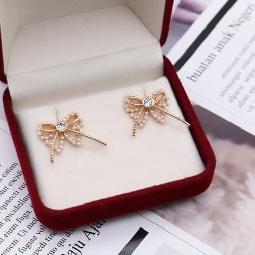 Small Pearls Stud-Piercing Bow crystal Texture Copper Ear Korea Style Wedding Party Jewelry For Mujer