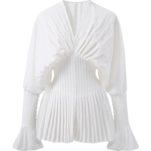 Fashion Design Pleated Women White Shrits Summer New 2021 V-Neck Flare Sleeved Elegant High Waist Office Lady Outwear Tops