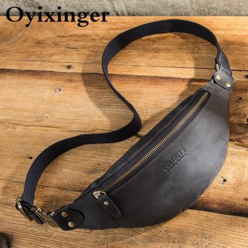 OYIXINGER Mens Crazy Horse Leather Waist Packs Male Belt Bag High Quality Waist Bags Multifunction Cowhide Leather Chest Bag