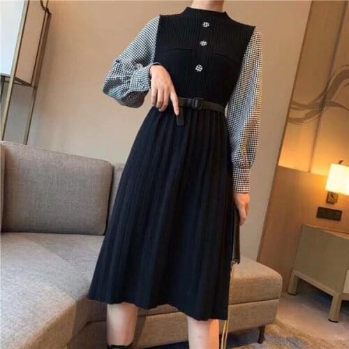 2020 new fake two-piece stitching knitted dress female autumn and winter sweater dress long over the knee loose women pullover