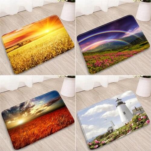 Scenery Bathroom Mats Farm Car Flowers Fields Golden wheat field Wood Board Sun Lighthouse Home Bedroom Kitchen Non-Slip Carpets