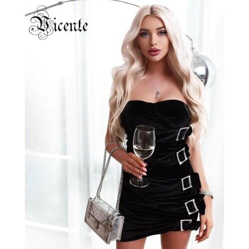 VC Trendy Black Velvet Mini Dress Crystal Buckle Design Draped Sexy Strapless Celebrity Party Club Vestido Free Shipping