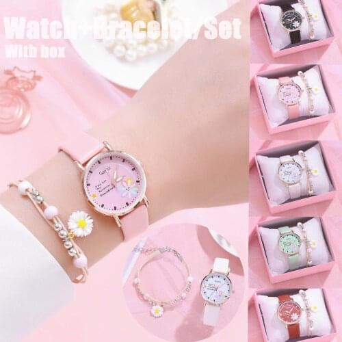 Luxury Fashion Macaron Leather Belt Cartoon Watch Daisy Bracelet Set часы женские relogio feminino montre femme Stylish