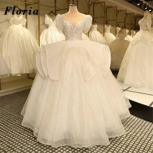 Princes Beading Wedding Dresses Haute Dubai Couture Puffy Sleeve Bride Dress Middle East Shiny Bridal Gown 2021 Vestido De Noiva