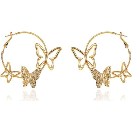 Vintage Exaggerated Hollow Circle Three Butterflies Golden White Alloy Hoop Earrings For Women Girls