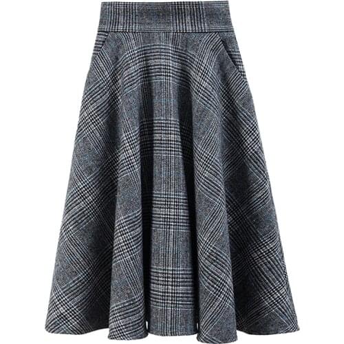 England Style Gray Plaid High Waist Midi Skirts Woolen Plus Size 5XL A Line Pleated 2021 Winter Women Tartan Skirts