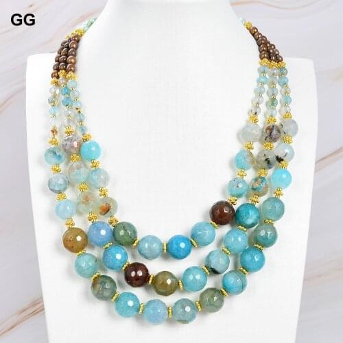 GuaiGuai Jewelry 3 Rows Blue Agate Brown Pearl Necklace 18" Multi Strands Free Shipping For Women