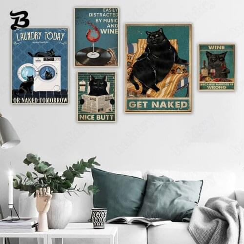 Funny Cat Bathroom Decor Wall Art Sexy Lazy with Red Wine Glass Poster and Print Your Butt Napkin Get Naked Vintage Decoration