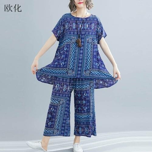 2020 New Summer 2 Piece Set Women Sets Plus Size Cotton Linen Ethnic Print Women T Shirt And Cropped Pants Big Size Loose Suits