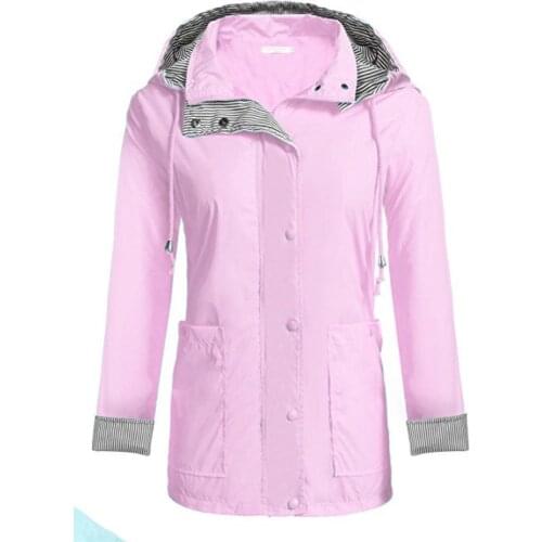 Women Lightweight Hooded Raincoat with 2 Big Pockets Long Sleeve Waterproof Zipper Rain Jacket Outdoor Rainwear