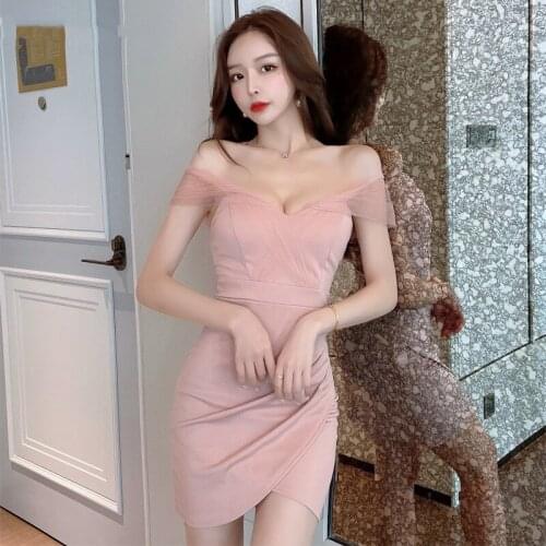 Pink Dress Sexy Mesh Stitching A Word Shoulder Nightclub Dress Temperament Slim Waist Bag Hips Office Lady White One Piece Dress