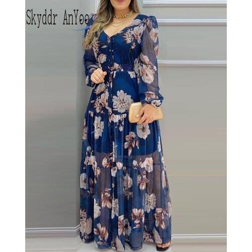 Autumn Casual Dresses For Women 2021 Long Sleeve Floral Printed Elegant Maxi Long Dress Chiffon Female Vestidos Ladies Dresses