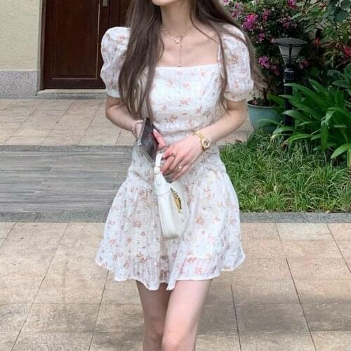Korean Summer Kawaii Floral Dress Women Sweet Cute Elegant Puff Sleeve Fairy Sundress Woman Vintage Party Mini Dress Loli Dress