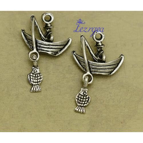 15pcs/lot--30x19x5mm, Antique silver plated Fishing Boat With Fish charms,DIY supplies,Jewelry accessories