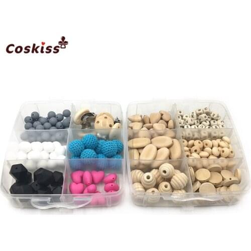 2 Boxed Crochet Beads Natural Round Geometry Wooden Beads Silicone Heart Round Beads Wooden Pacifier Clip DIY Baby Teether Set