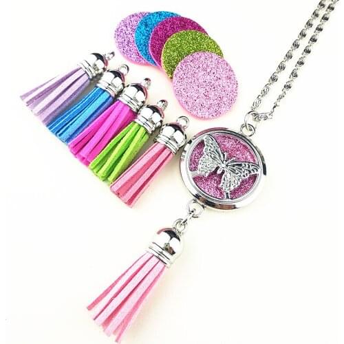 Butterfly Essential Oil Diffuser Necklace,Tree of Life Mandala Aromatherapy Perfume Locket pendent with Tassels Flash powder Pad