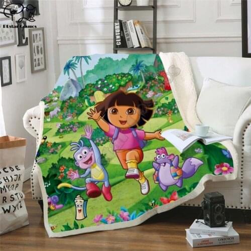 Throw blanket Dora Cartoon funny 3D Velvet Plush Blanket Bedspread For Kids Girls Sherpa Blanket Couch Quilt Cover Travel 01