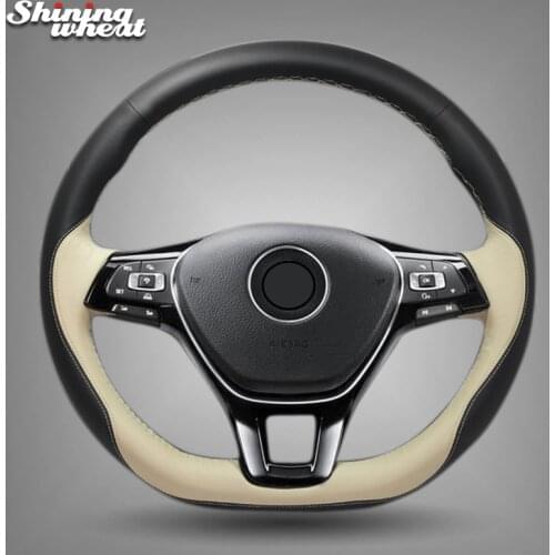Shining wheat Black Beige Leather Steering Wheel Cover for Volkswagen VW Passat B8 Golf 7 Mk7 New Polo Jetta