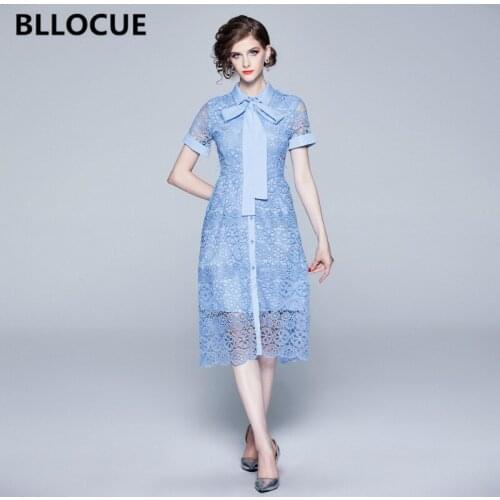 BLLOCUE 2019 New Summer Women Hollow Out Water Soluble Lace Dress Elegant Bow Short Sleeve Single-Breasted Midi Party Dress