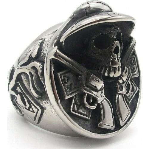 LARGE Mens Motorcycle Heavy Biker Cowboy Outlaw Gun Skull Ring Size 8-14