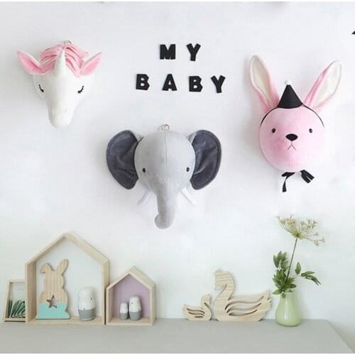 Nursery Decor Animal Heads Wall Hangings for Kids Baby Room Wall Mounted Decoration Plush Elephant Rabbit Unicorn Head Stuffed