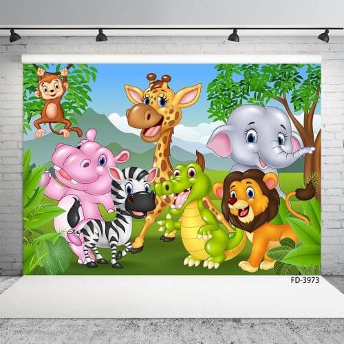 Safari Park Cartoon Animals Photo Backdrop Vinyl Cloth Backgrounds for Children Baby Birthday Party Photocall Photography Props