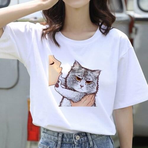 Harajuku Kiss Cats T Shirt Women Aesthetic shirt Ullzang Vintage 90s tshirt New Fashion Top Tees Female Tumblr Clothing