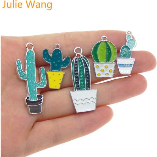 Julie Wang 5PCS Mixed Enamel Plant Potted Cactus White K Tone Charms Necklace Pendant Findings DIY Jewelry Making Accessory