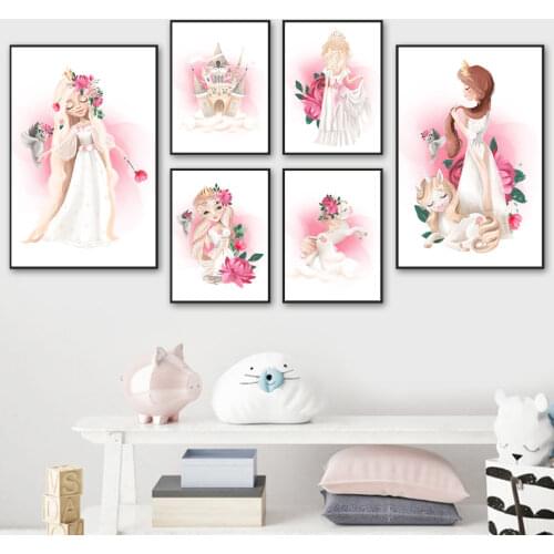 Girl Unicorn Bird Rose Flower Leaf Crown Castle Wall Art Canvas Painting Nordic Posters And Prints Wall Pictures Kids Room Decor