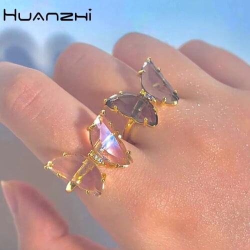 HUANZHI 2020 New Korean Trendy Sweet Color Transparent Crystal Butterfly Adjustable Metal Rings for Women Girls Party Jewelry