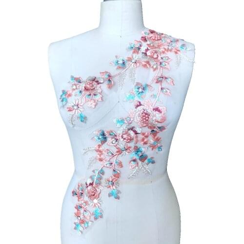 Sew on rhinestones beads embroidery flower multicolored champagn lace applique trim patches 56*28cm for dress DIY accessories