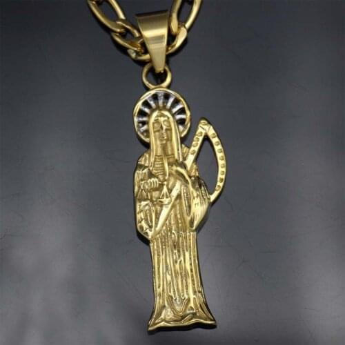 Hot selling stainless steel Santa Muerte Holy Death Grim Reaper Gold 2 Tone Pendant with 23.62 Inch Chain