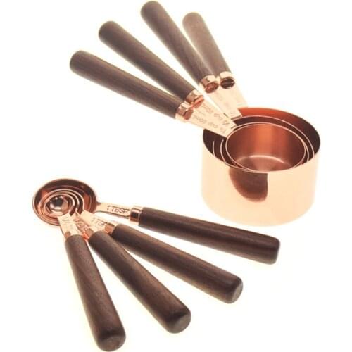 Measuring Cups Spoons Set Wood Handle Stainless Steel Plated Copper Metal Measuring Scoop Baking Kit Kitchen Accessories