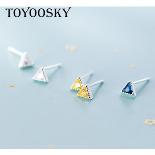 TOYOOSKY New Real 925 Sterling Silver Mini Size Triangle Simple Stud Earrings With Color CZ For Women Girls Everyone Jewelry