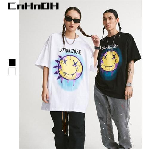 CnHnOH New spring summer trend High Street t-shirts hot selling big smiley arrow structure printed oversize short sleeve A055