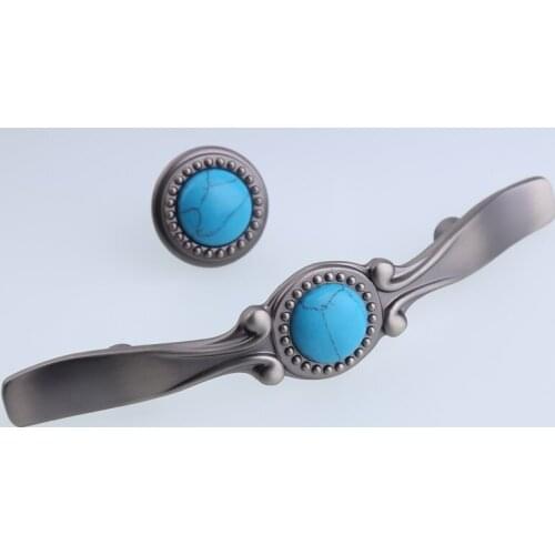 Single hole, 76mm blue natural gem American style drawer tv cabinet knob pull 3" antique silver kitchen cabinet cupboard handles