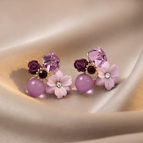 Cute Female Purple Flower Stud Earrings Charm Gold Color Wedding Earrings For Women Boho Moonstone Zircon Enamel Small Earrings