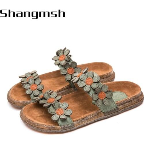 Summer Women Shoes Flat Platform Slipper Genuine Leather Handmade Flower Cover Toes Comfortable Women Slides 8251