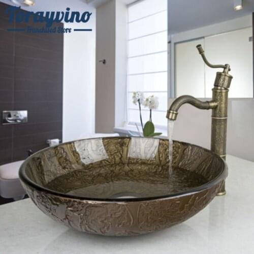 Bathroom basin Glass Washroom Basin Vessel Vanity Sink Bathroom Mixer Basin Washbasin Retro Brass Faucet Set Drain