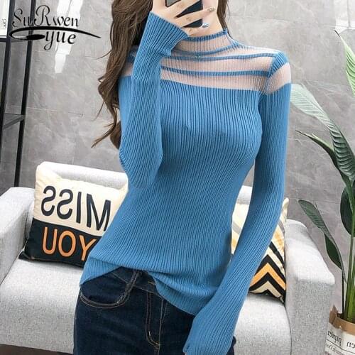 2021 Fashion Women Sweaters Long Sleeve Sexy Hollow Out Ladies Tops Solid See Through Turtleneck Knitted Pullover Women 6217 50