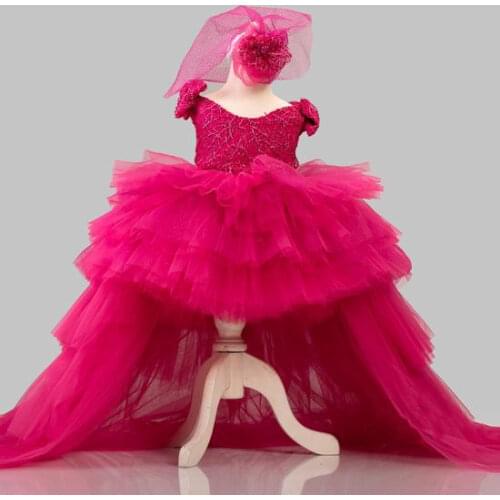Red Tierd Tulle Baby Girls Dresses Kids Clothes First Birthday Dress Children Costume Pageant Gown with Detachable Train 1-14Y