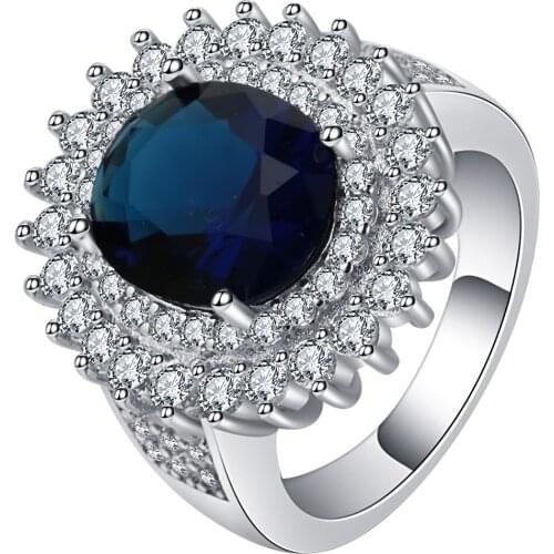 UFOORO Summer new classic luxury flower ring big blue oval crystal shiny zircon wedding ring size6-10 exquisite gift for women