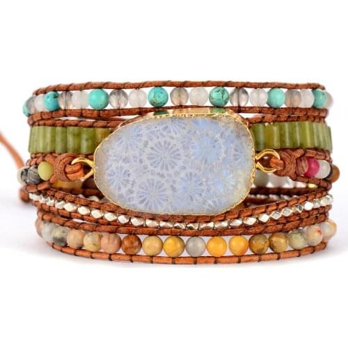 Vintage Leather Bracelets Natural Stones Chrysanthemum Stones Charm 5 Strands Wrap Bracelets Boho Bracelets Dropshipping