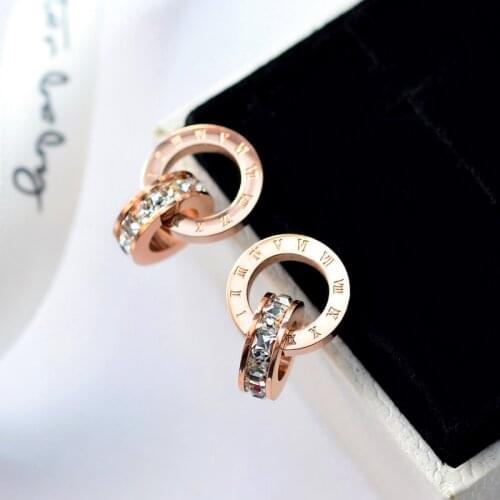 YUNRUO Top Brand Gold Silver Color Roman Numerals Zircon Stud Earring for Woman 316L Stainless Steel Fashion Jewelry Never Fade