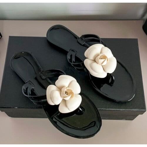 Black PVC Women Slippers Flip Flop Open Toe Ladies Fashion Sandals White Flower Mix Color Decorated Flat Shoes Beach Sliders