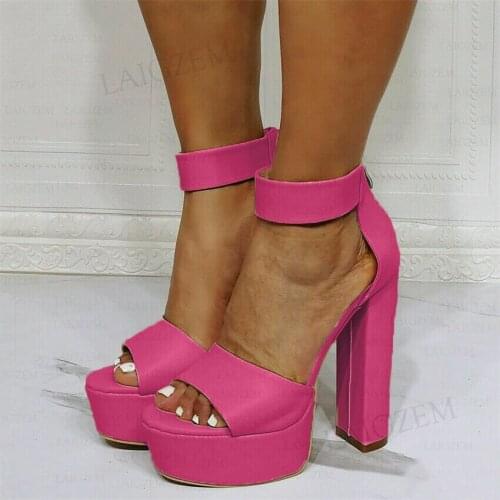 SEIIHEM Women Platform Sandals Beige Open Toe Ankle Straps Chunky High Heels Pumps Zip Up Party Shoes Women Plus Size 42 47 52