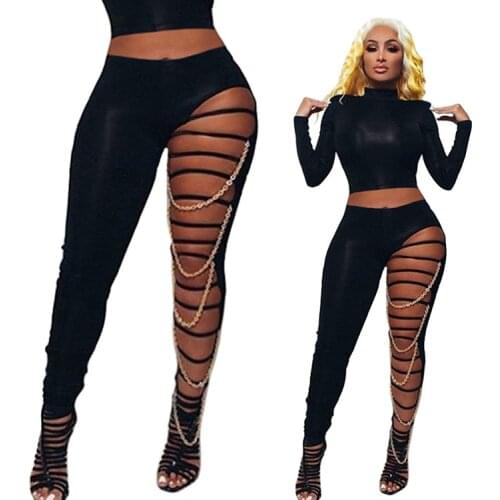 2021 New Women’s Skinny Leggings, Sexy Cutout Ripped Mid Waist Full-Length Stretchy Pants with Chain Decor