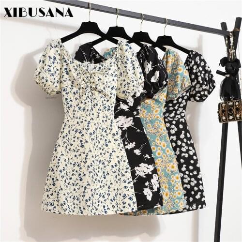 Womens Mini Sexy Dresses Summer Beach Floral Printed Shirring Pleated Elegant Short Puffy Sleeve Dress Korea Female Vestidos