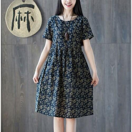 Women Vintage Cotton Linen Casual Dress New 2020 Summer Floral Print Loose Comfortable Female Knee-length A-linen Dresses S1625
